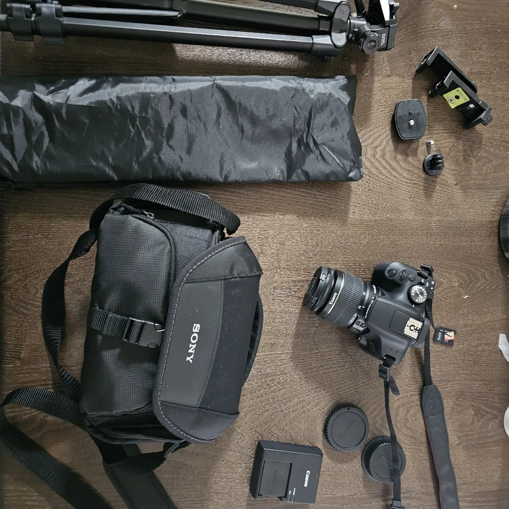 Canon - EOS Rebel T7 DSLR Video Camera with 8-55mm Lense - Black and accessories